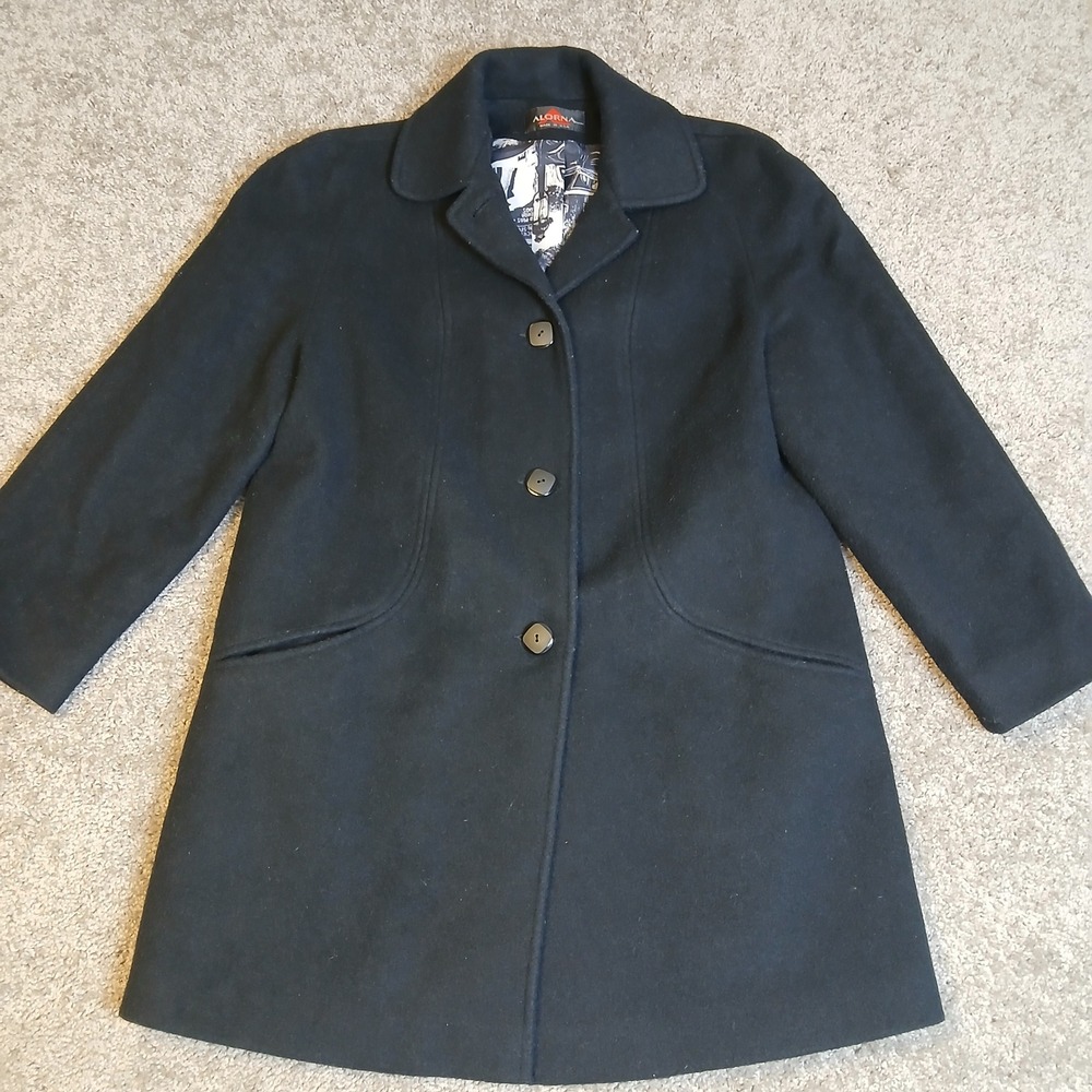 Alorna Black Wool Blend Car Coat Vintage Graphic Lining Made in USA Womens L - Picture 2 of 10